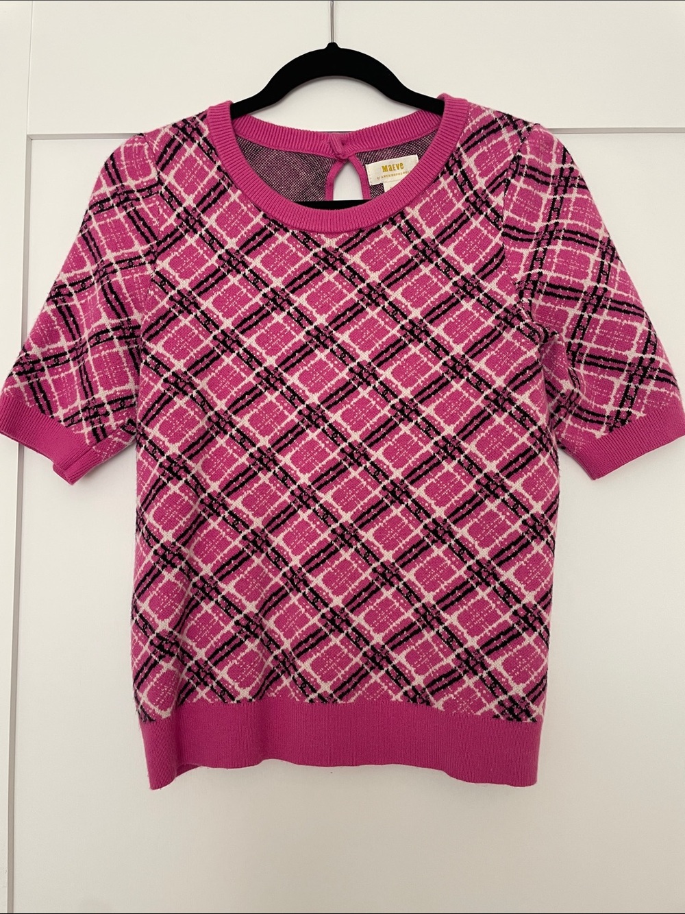 Maje Hot Pink Plaid Short-Sleeve Knit Top